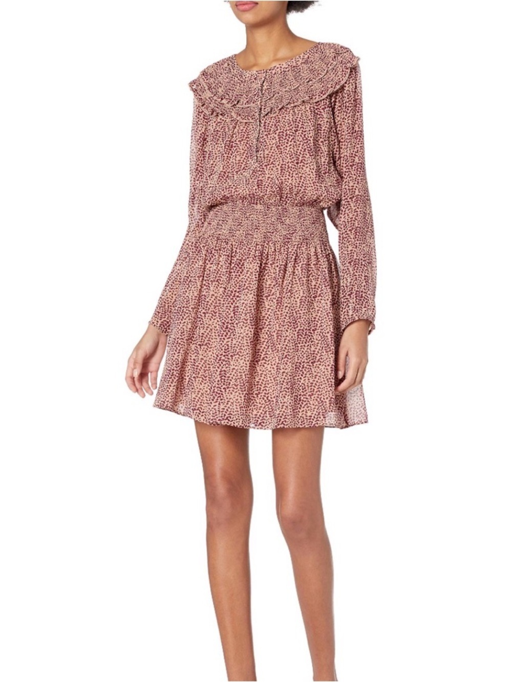 Joie Silk Smocked Mini Dress XL Blush Burgundy Print Boho Ruffle Waist